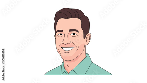 Pixel art portrait of a smiling man with brown hair and a teal shirt