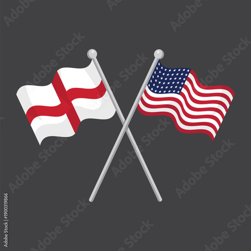 Waving England and United States national flags crossed on silver poles for international official partnership relations