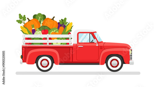Red pickup truck loaded with fresh produce