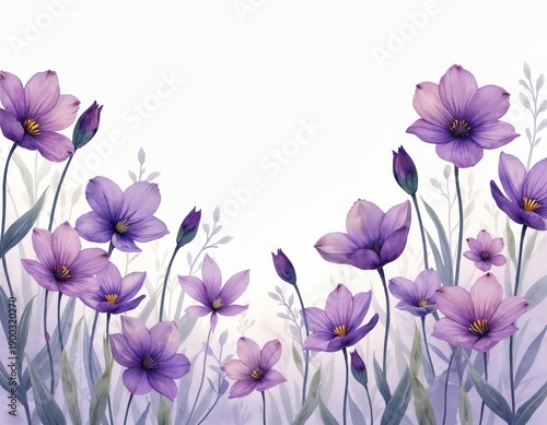 Watercolor purple flowers and green leaves on white background. Gentle floral pattern for spring or summer invitations, cards, and decor. Nature botanical art.