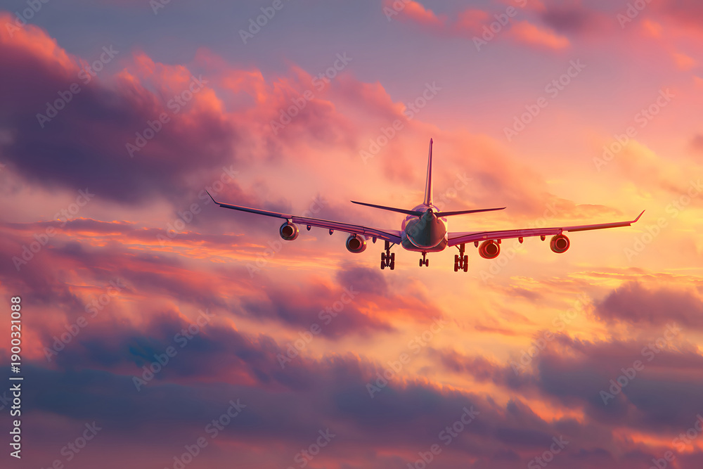Obraz premium Plane flying in the sky during sunset with colorful clouds and orange light in the background