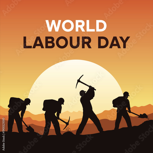 World Labour Day Vector Illustration — Workers Silhouette at Sunset, International Workers’ Day Concept, Hard Work Celebration Design