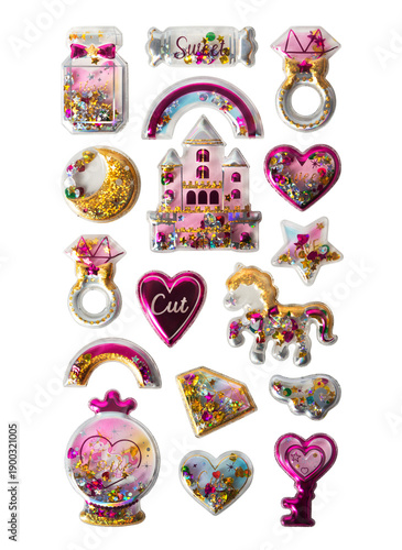 Decorative valentine stickers, decals or inlays for little princess. Valentine card, isolated. Valentine's day concept.
