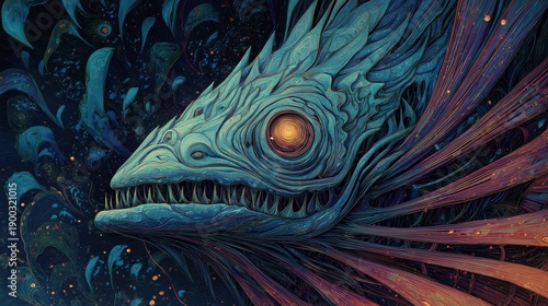 Surreal Deep Sea Creature with Glowing Eye in Fantasy Illustration