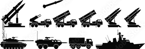 Military weapon and vehicle silhouette collection, missiles tanks warships launchers, black and white defense equipment icons set, modern warfare illustration