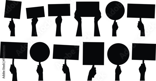 Protest sign and placard silhouette collection, hands holding blank signs, black and white demonstration icons set, activism, social movement concept
