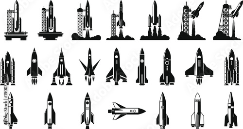 Rocket launch and spacecraft silhouette collection, black and white space exploration icons set, launch pad scenes, aerospace technology illustration