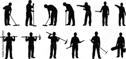 Construction worker silhouette collection with tools and working poses, manual labor activities, industrial workforce vector illustration isolated on white