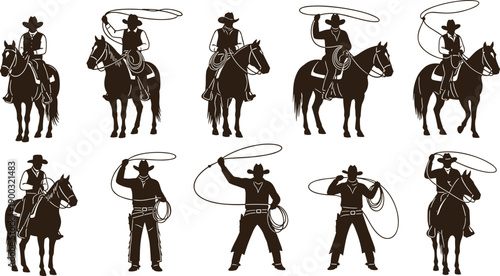 Western cowboy silhouette set with horses and lasso, rodeo action poses, ranch lifestyle illustration collection isolated on white background