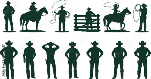 Cowboy silhouette collection with horses and lasso, western ranch scenes, rodeo lifestyle illustrations, isolated vector set for design and branding