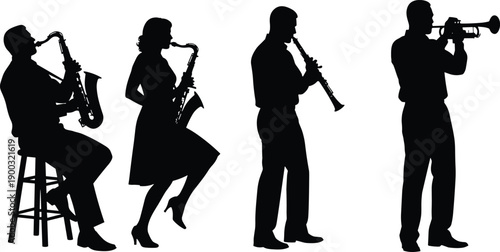 Jazz musicians silhouettes collection, saxophone clarinet and trumpet players performing, live music band vector illustration isolated on white background