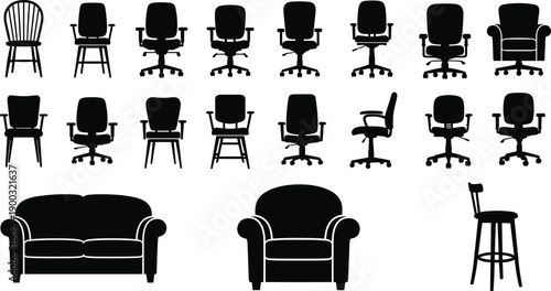 Office and home chair silhouettes collection, ergonomic swivel chairs armchairs sofa and stool furniture vector set isolated on white background
