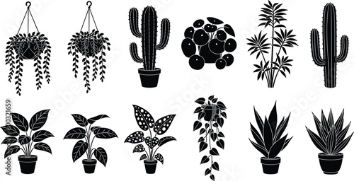 Houseplant and cactus silhouettes collection, hanging plants potted indoor foliage tropical leaves, modern botanical vector set isolated on white background