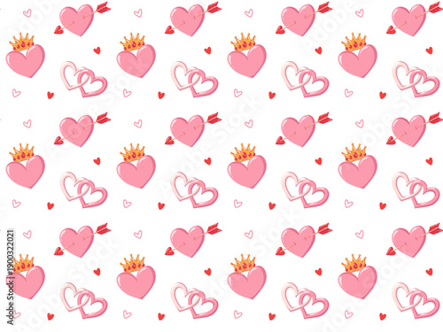 Seamless Valentine cartoon hearts pattern with arrows and crowns. Hand drawn vector romantic background 