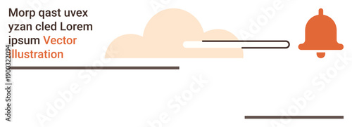 Digital notifications, communication alerts, minimalism, cloud services, online reminders, app design. Red bell icon with cloud and abstract shapes. Digital notifications and communication alerts