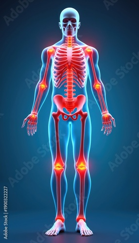 Human anatomy skeletal system with highlighted joint pain in shoulders knees ankles hips, wrists. X-ray view shows red inflamed areas indicating injury arthritis. Medical illustration demonstrates