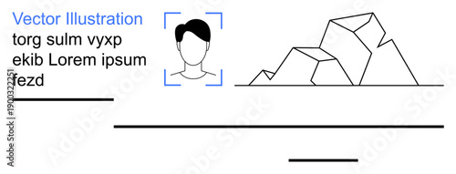 Facial recognition, abstract design, surveillance, modern identification, technology, AI. Minimalistic face illustration with framed scan lines, geometric rock shapes and placeholder text. Facial