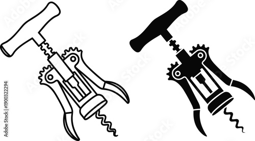 Vector, black, silhouette, and, outline, illustration, of, a, wing, corkscrew, wine, bottle, opener, for, kitchen, bar, restaurant, dining, drink, accessory, and, alcohol, service, design
