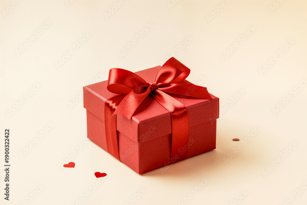 Obraz premium A high-end studio shot of a red gift box wrapped with a satin ribbon bow, accented by small heart confetti on a light cream background. Ideal for Valentine's Day or romantic celebrations.