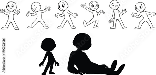 Vector, illustration, of, a, cute, cartoon, character, boy, in, different, expressive, poses, and, black, silhouettes, for, animation, storyboard, comics, and, children, book, design