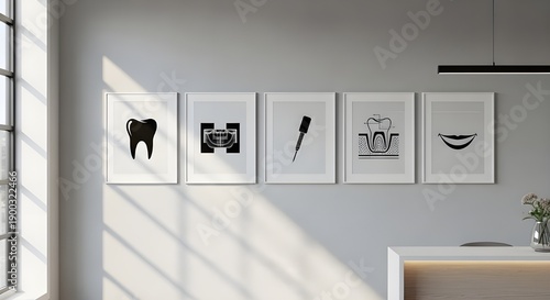 Dental office waiting room with framed black and white tooth anatomy and instrument prints on a gray wall, sunlight, reception desk