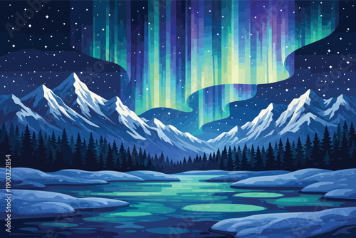 Vibrant Aurora Borealis Over Snowy Mountains and Frozen Lake, Night Landscape Illustration
