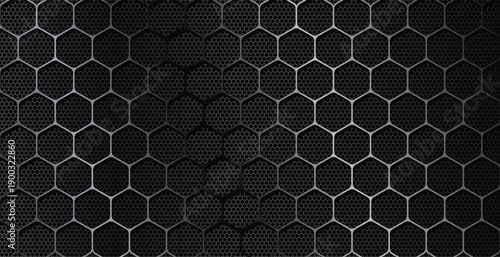 Industrial silver chrome hexagon mesh pattern on dark metal surface for high tech automotive engineering backdrop