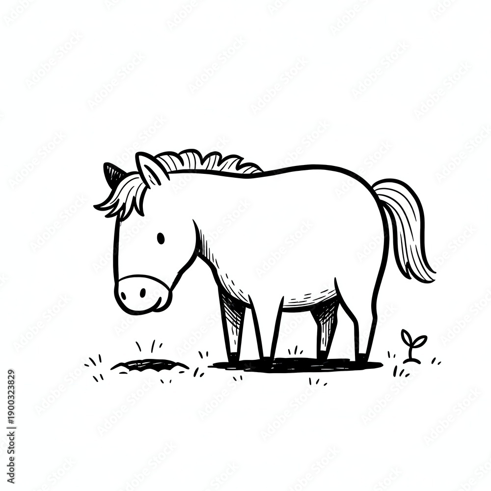 Fototapeta premium A simple black and white line drawing of a horse standing in grass