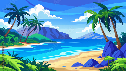 Tropical Beach Landscape With Blue Sea and Palm Trees
