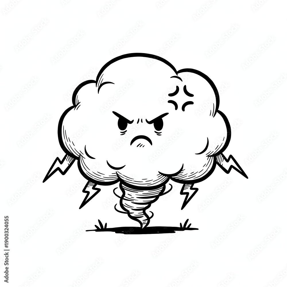 Obraz premium Angry cartoon tornado with lightning and frowning face