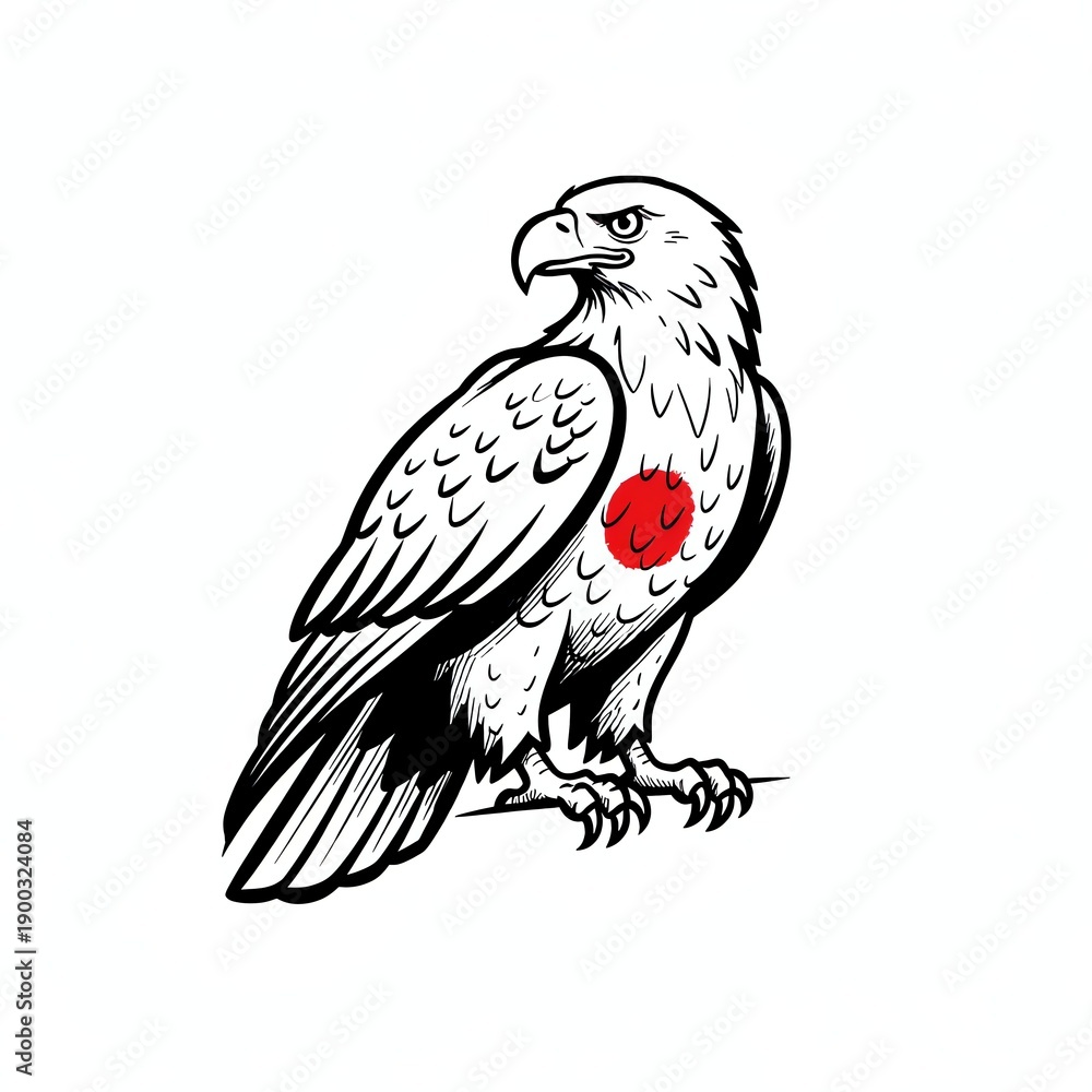 Obraz premium Black and white drawing of an eagle with a red circle on its chest