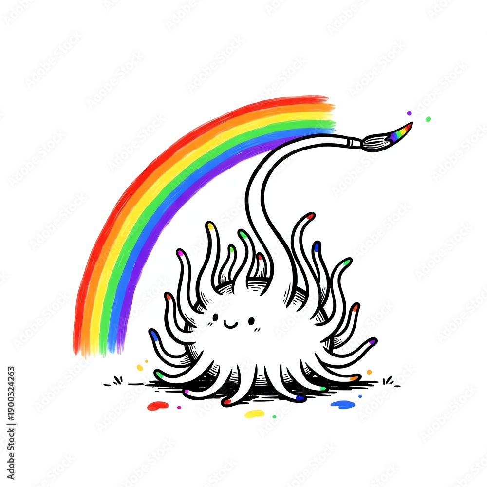 Naklejka premium Cartoon character with tentacles holding a paintbrush with rainbow colors next to a rainbow arc