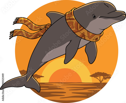 Dolphin Wearing Scarf Safari Sunset Minimal Illustration Vector
