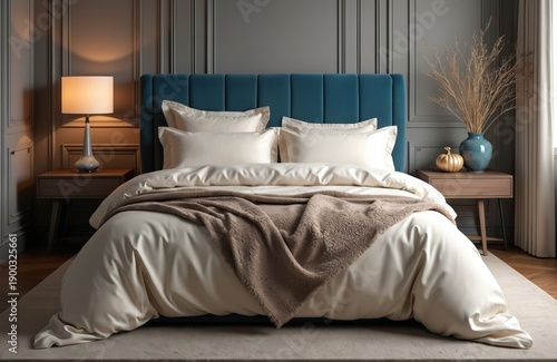 Neat bed with cream duvet and pillows. Blue headboard contrasts with bedside lamp. Cozy bedroom scene with decorative pumpkin and dried grass.
