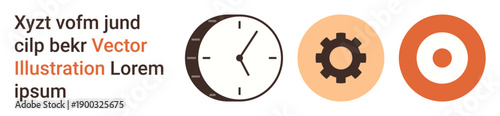 Business strategy, project planning, time tracking, goal setting, process optimization, productivity tools. Clock, gear and target icons in orange and black tones. Time management and workflow