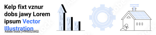 Renewable energy, sustainable housing, industrial innovation, urban planning, technological progress, clean energy solutions. Energy-efficient house, bar chart for growth, gear for innovation
