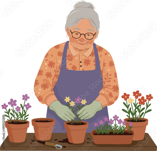 Elderly Woman Gardening Planting Flowers in Pots Flat Design Illustration