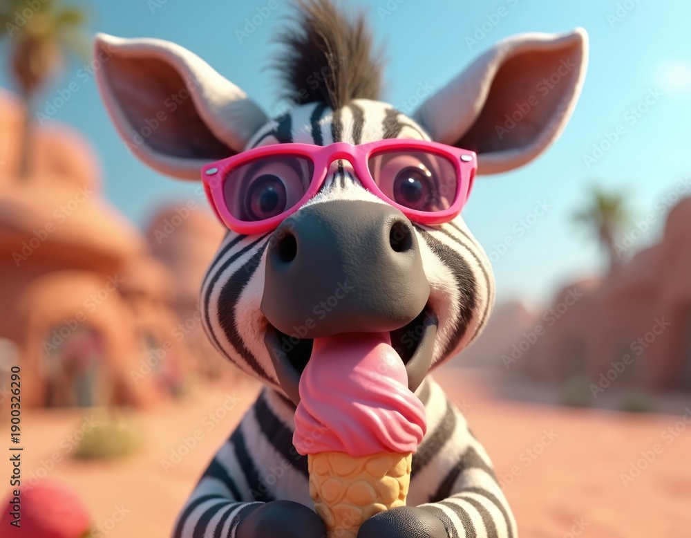 Fototapeta premium 3D cartoon zebra with pink sunglasses eats ice cream cone on sunny day. Animal has fun outdoors in desert landscape. Character enjoys sweet dessert and summer.