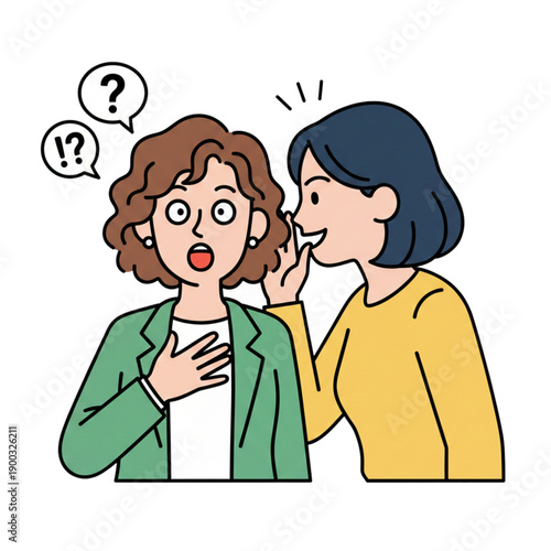 
A woman's surprised expression when receiving a whisper from her friend. Isolated on a white background.