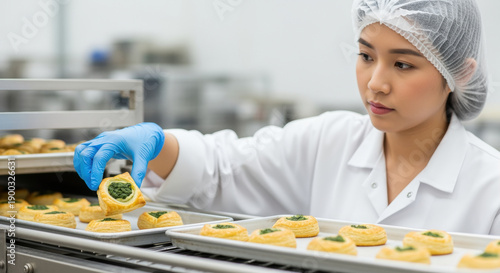Pastry production worker inspecting baked goods in factory setting