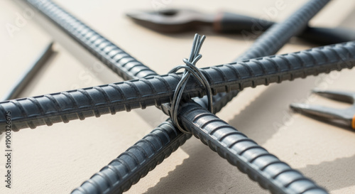 Rebar steel tied crosswise with wire for concrete reinforcement construction