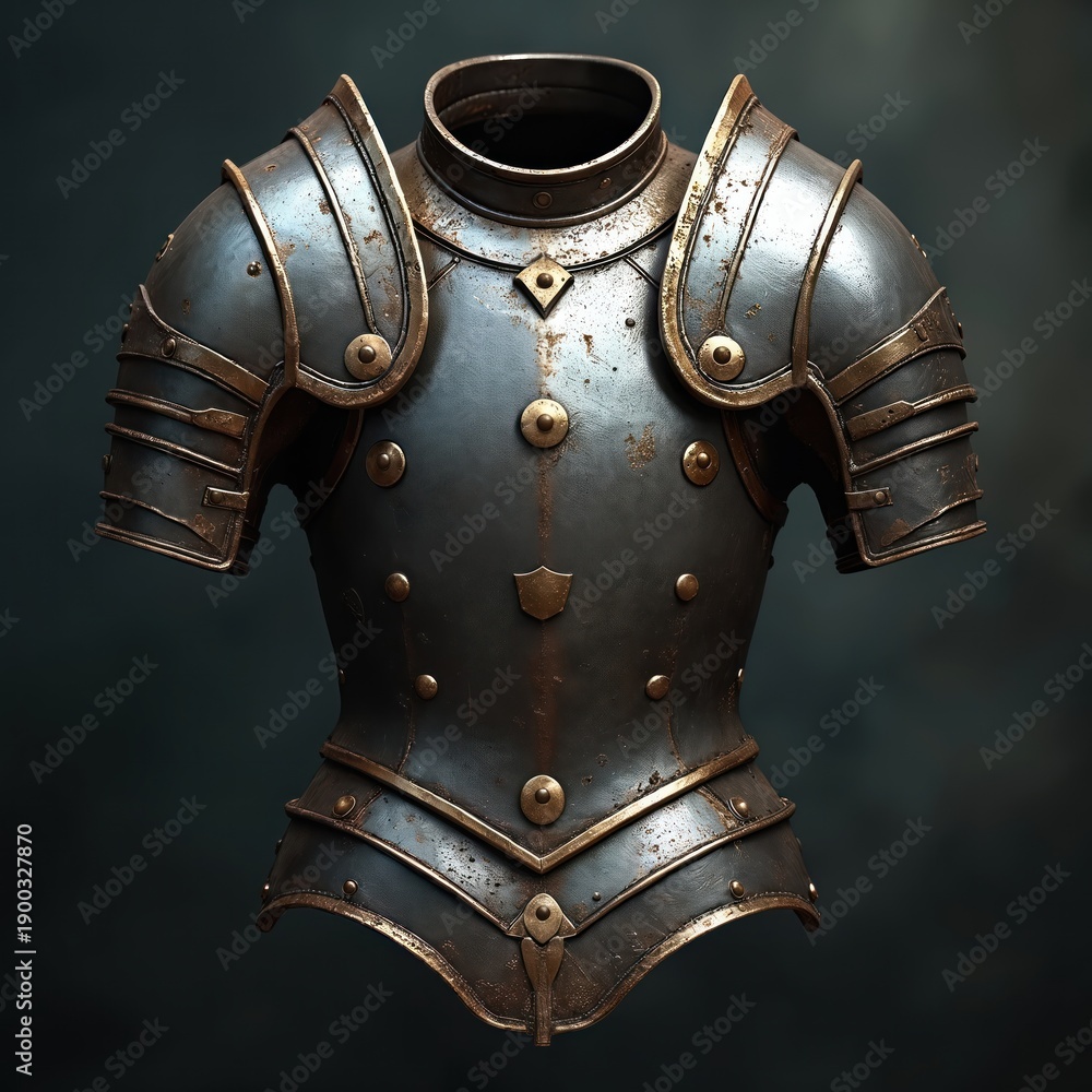 Fototapeta premium Medieval steel chestplate armor with bronze rivets. Designed for protection in battle, this historical piece showcases craftsmanship. Ideal for fantasy games or historical reenactments.