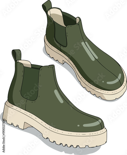 Green Chelsea Boots Isolated Object on White Background Flat Design