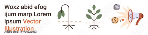 Business growth, sustainability, marketing, transformation, eco-concept, strategy. Two stages of plant growth paired with financial and marketing symbols. Business growth and sustainability visual