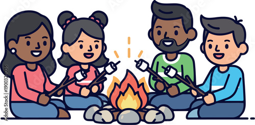 Kids Camping Around Fire Illustration isolated on transparent background