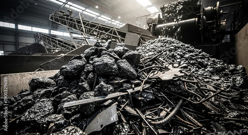 Industrial scene showcasing processed steel and slag in a factory environment with dramatic lighting representing the iron industry