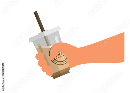 Hand holding milk coffee in a plastic cup with straw. Simple flat illustration.