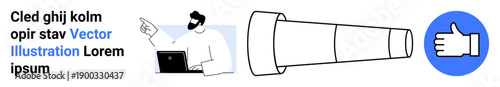 Business strategy, vision, approval, planning, analysis, achievements. Person with laptop points at a telescope and thumbs-up icon. Business strategy and vision concepts