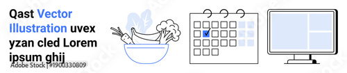 Time management, meal planning, organization, productivity, healthy habits, digital tools. Bowl of vegetables, calendar computer screen. Time management and meal planning concept