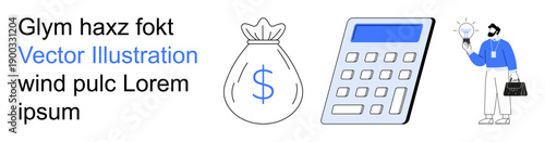 Finance, budgeting, innovation, accounting, business tools, economic planning. A money bag, calculator and lightbulb with a person holding a briefcase. Finance and budgeting symbol